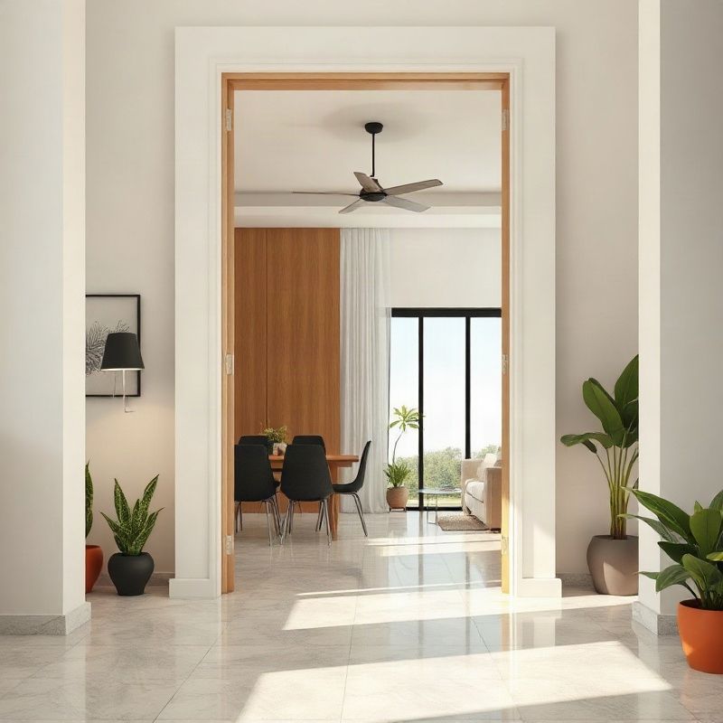 Ambientes residenciais vistos de uma porta aberta, com luz natural