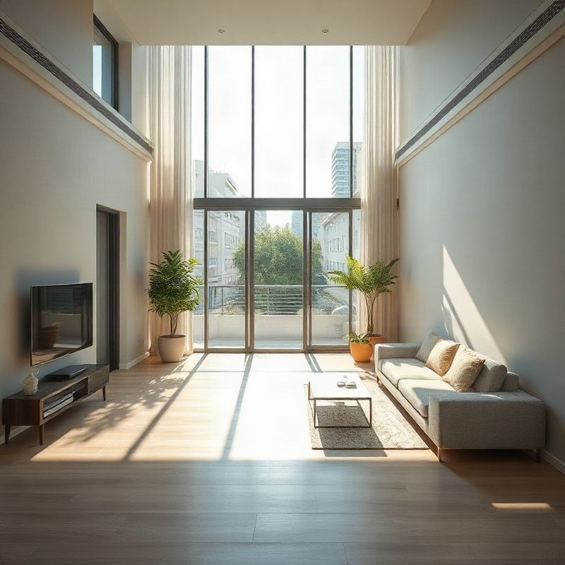Living room in a Brasília apartment with large windows and morning light